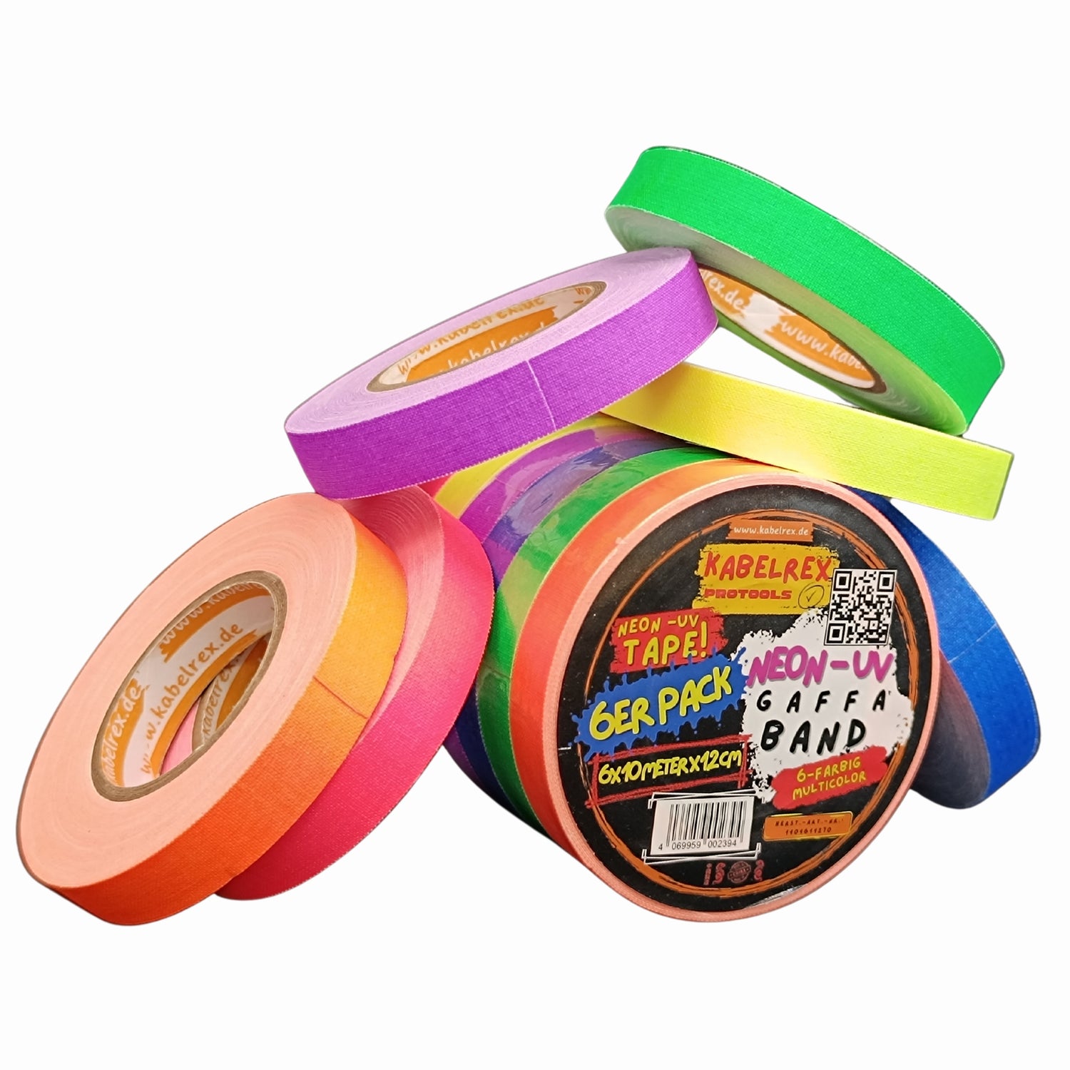 Neon Gaffer Tape 6er-Pack – 1,2 cm x 10 m je Rolle Multicolor für kreative Einsätze!